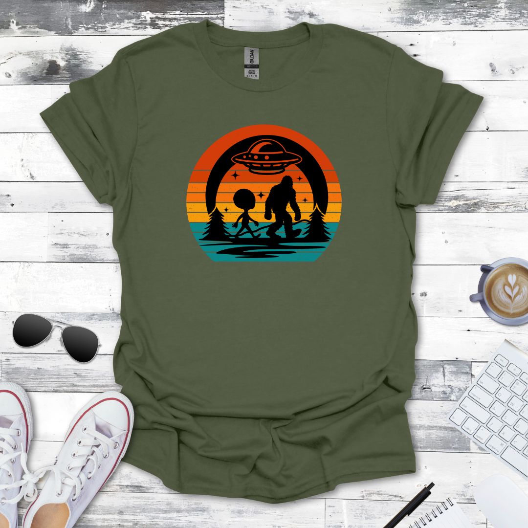 Bigfoot & Alien Retro Sunset Tee