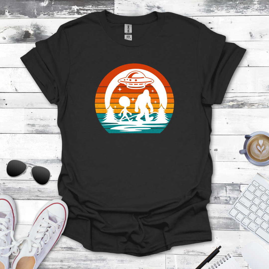 Bigfoot & Alien Retro Sunset Tee