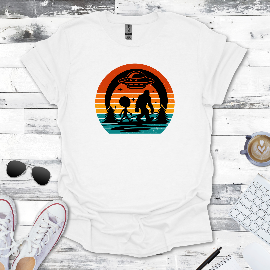 Bigfoot & Alien Retro Sunset Tee