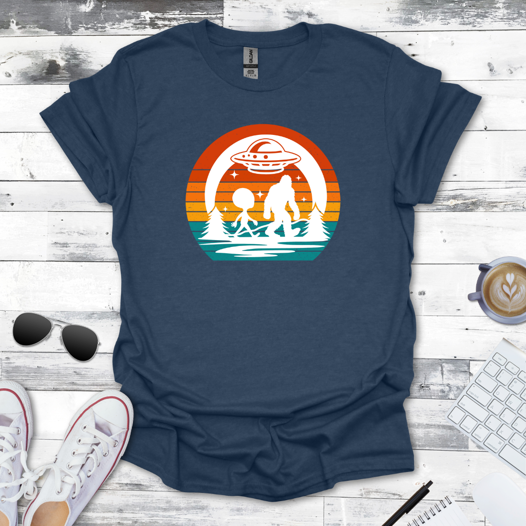 Bigfoot & Alien Retro Sunset Tee