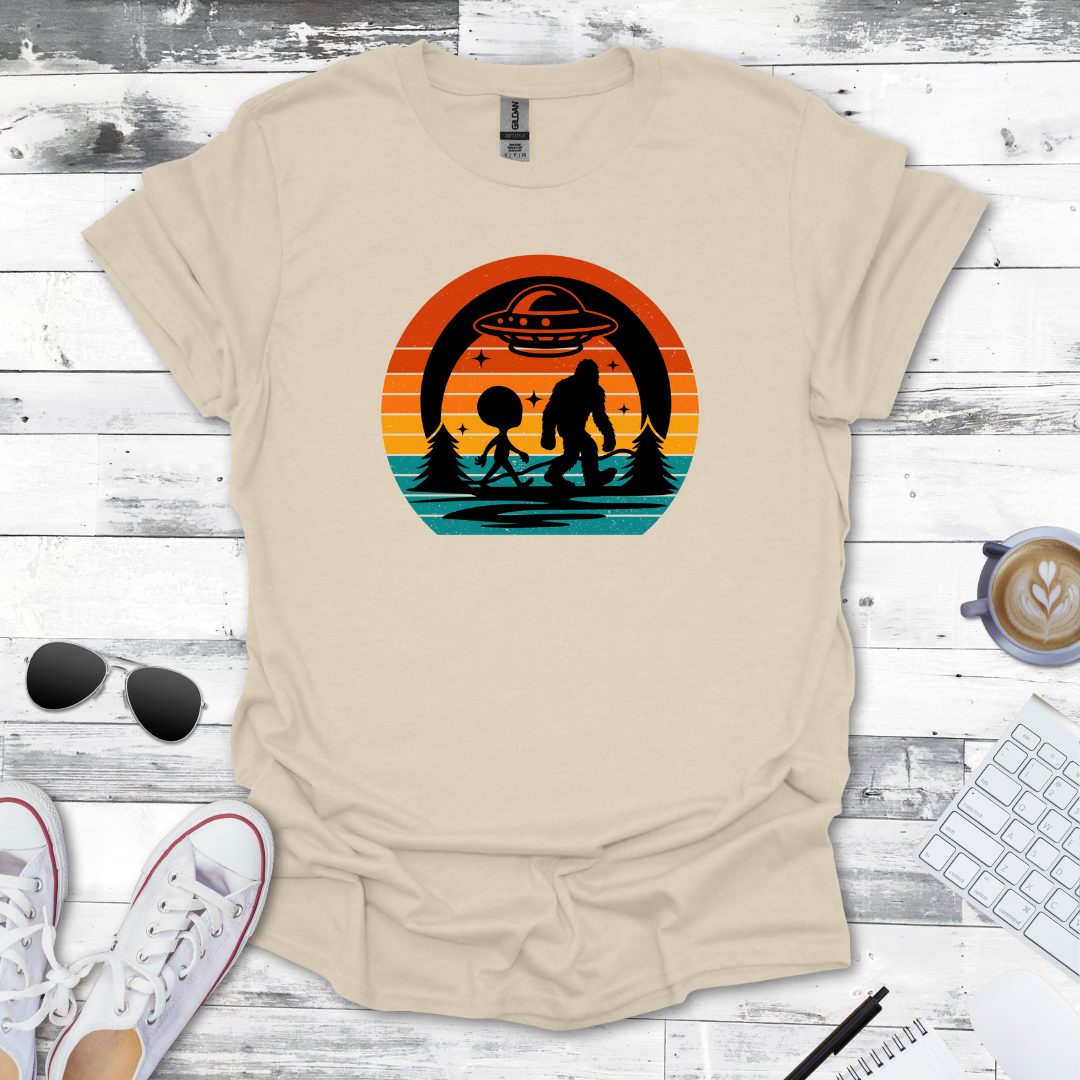Bigfoot & Alien Retro Sunset Tee